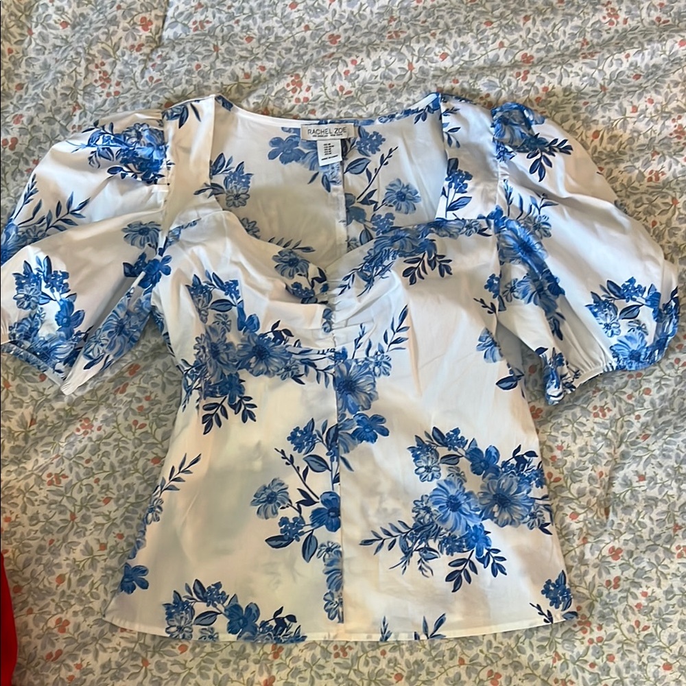 Rachel Zoe blue and white cotton puff sleeve blouse